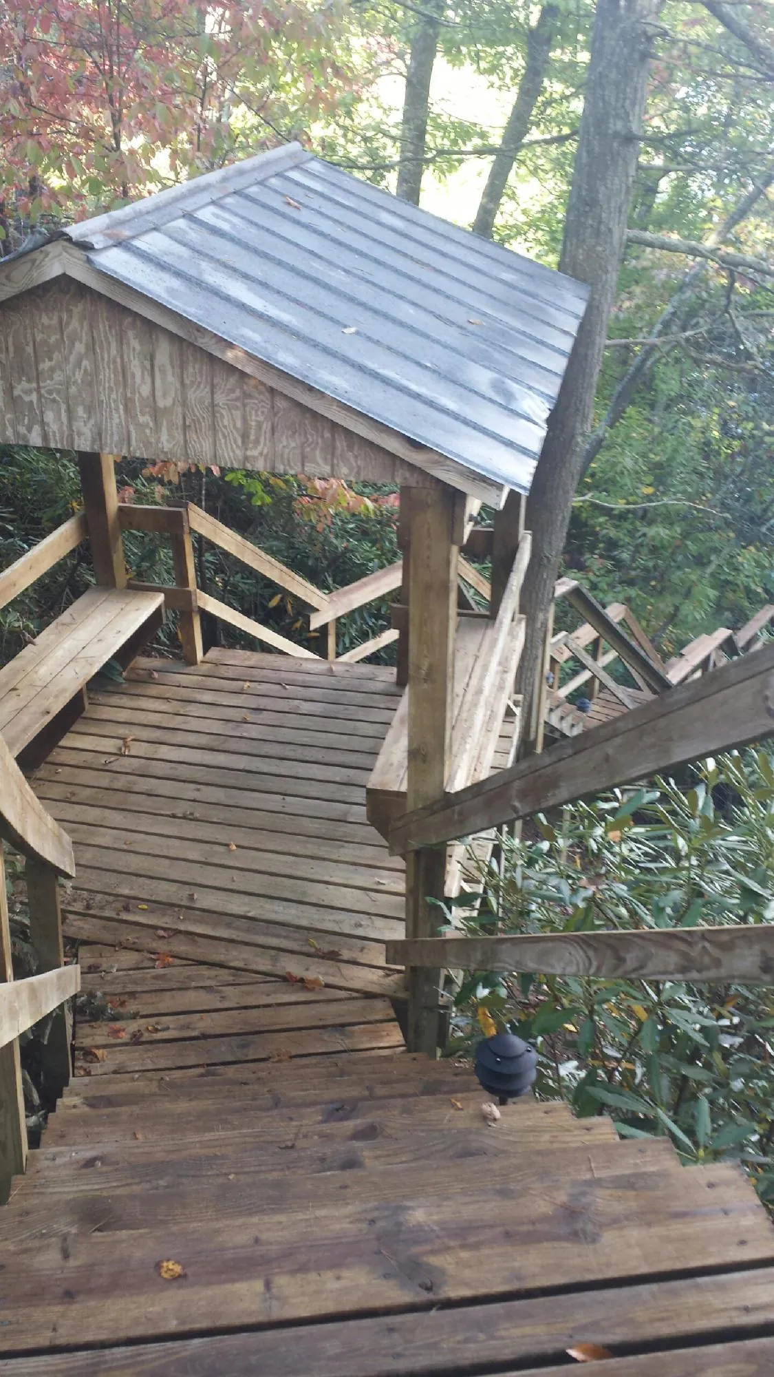 Metal roofed shelter over wooden steps on a wooded walkway — Skylight Repair & Installation work by our crew in Sylvania